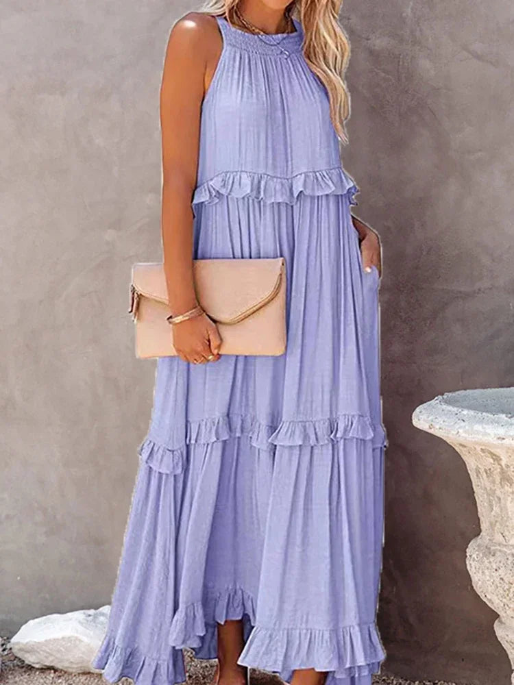 Lova & Soul | Nila – Lange Zomerjurk met Ruches en Halterhals