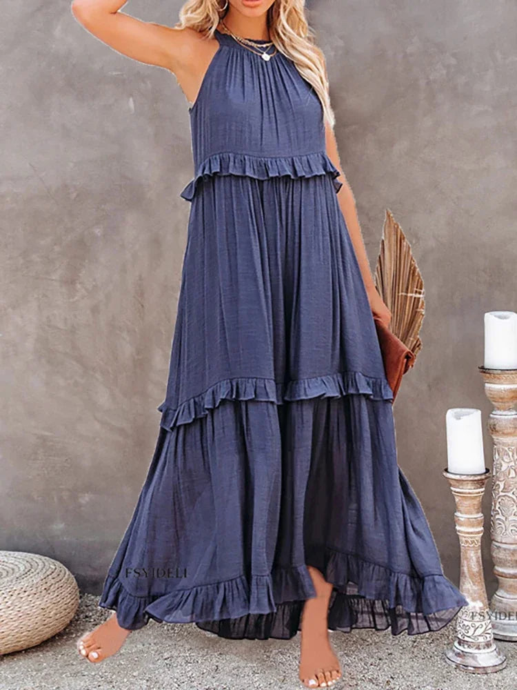 Lova & Soul | Nila – Lange Zomerjurk met Ruches en Halterhals