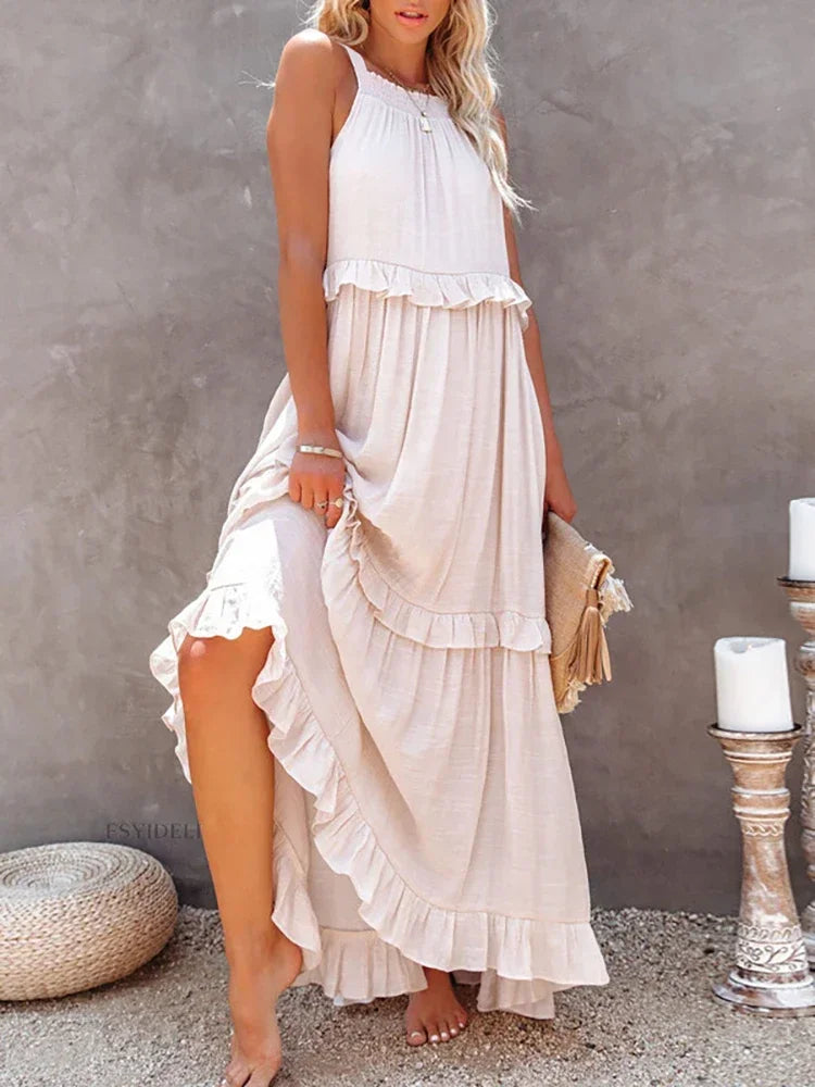 Lova & Soul | Nila – Lange Zomerjurk met Ruches en Halterhals