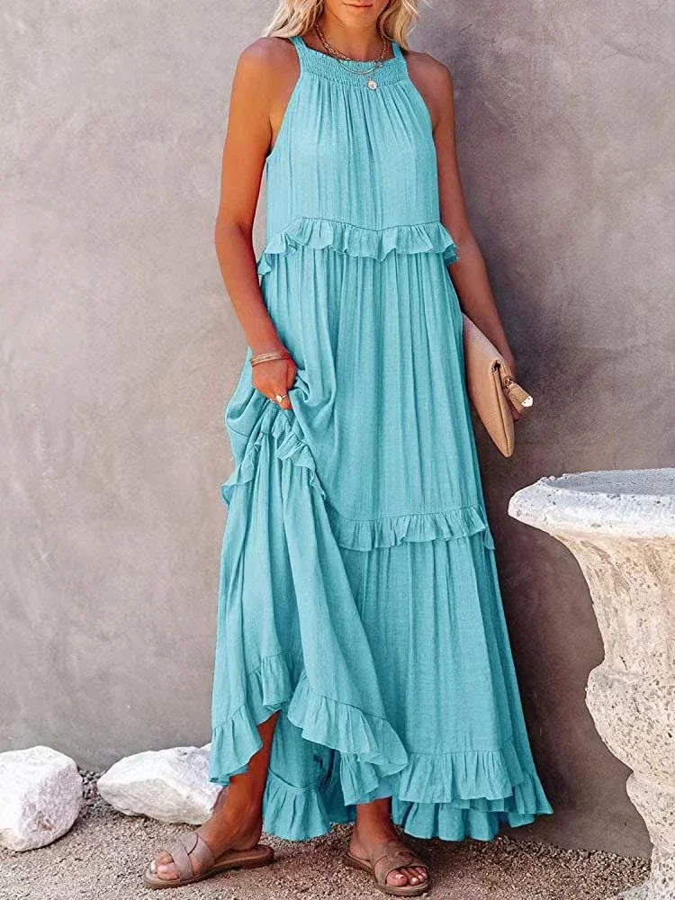 Lova & Soul | Nila – Lange Zomerjurk met Ruches en Halterhals