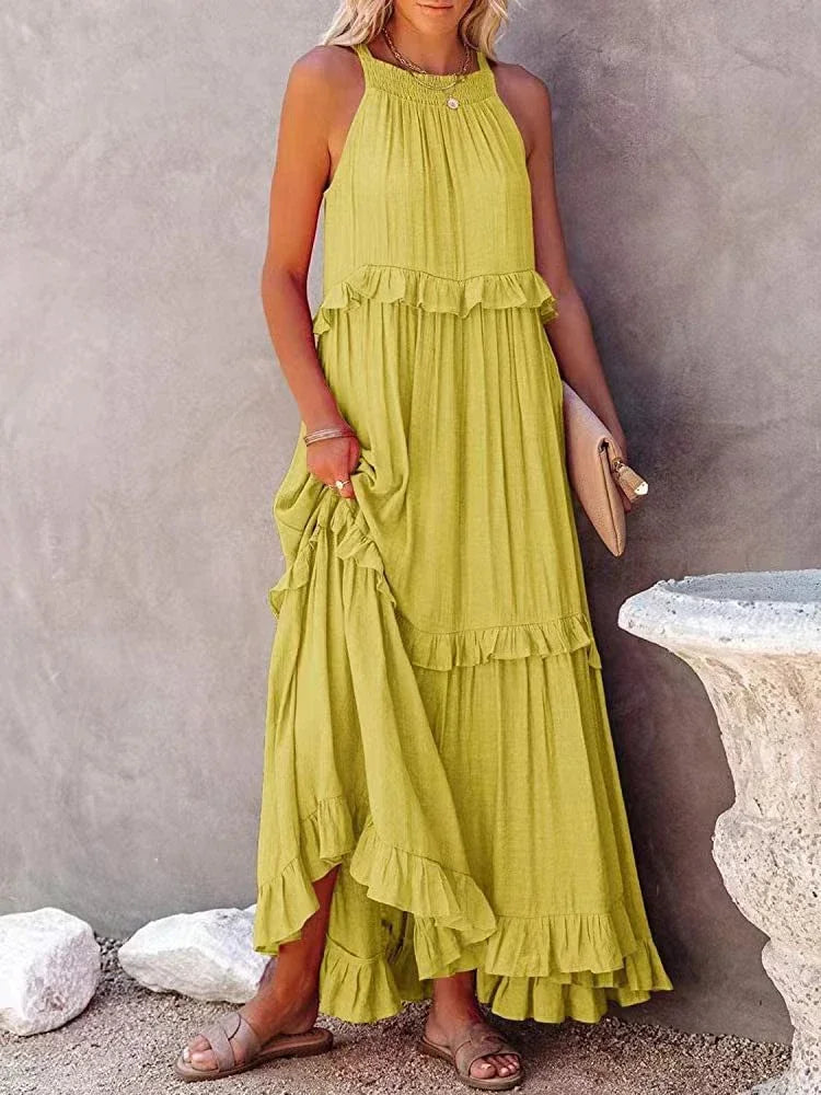Lova & Soul | Nila – Lange Zomerjurk met Ruches en Halterhals