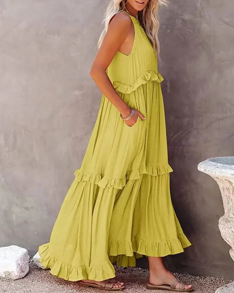 Lova & Soul | Nila – Lange Zomerjurk met Ruches en Halterhals