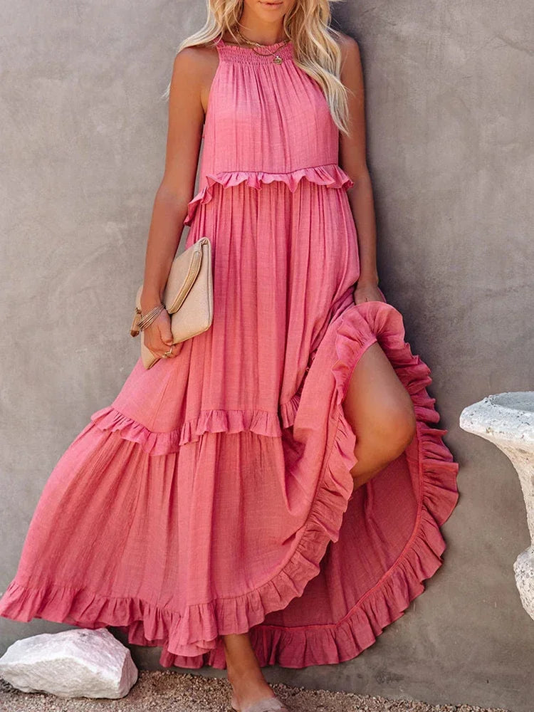 Lova & Soul | Nila – Lange Zomerjurk met Ruches en Halterhals