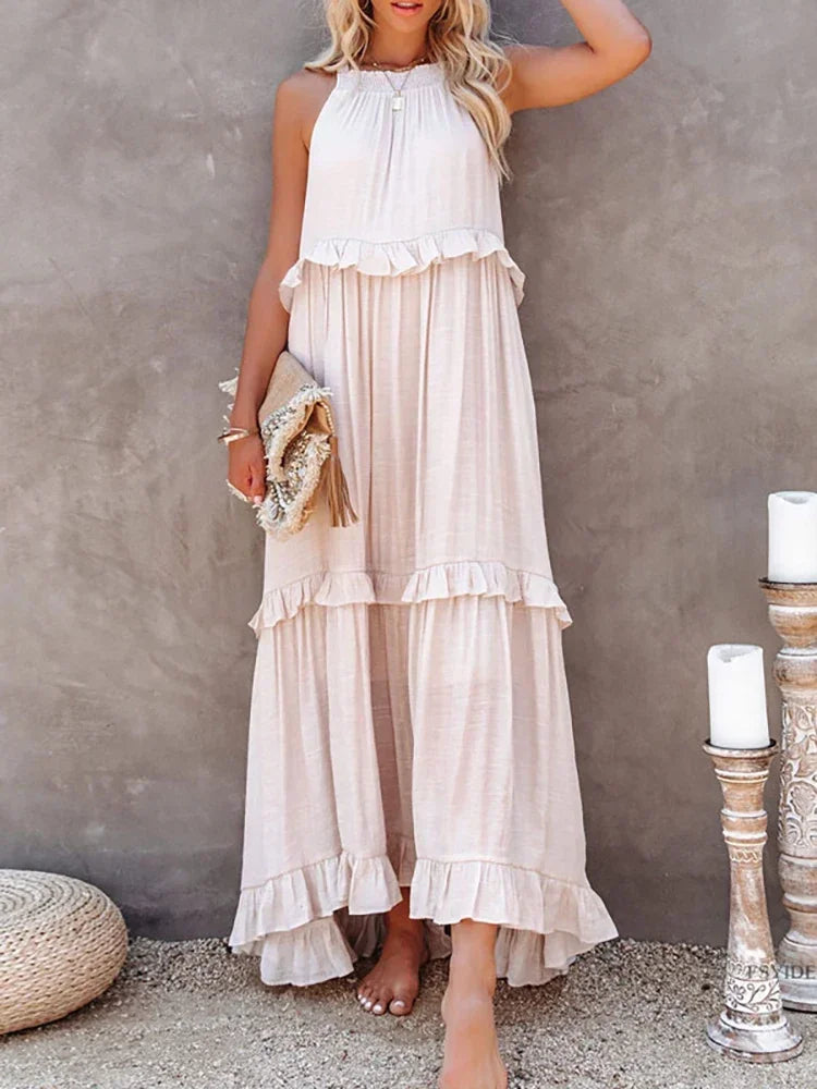 Lova & Soul | Nila – Lange Zomerjurk met Ruches en Halterhals