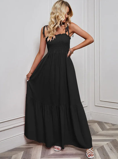 Lova & Soul | Jolie – Zwarte Maxi Zomerjurk met Strikbandjes
