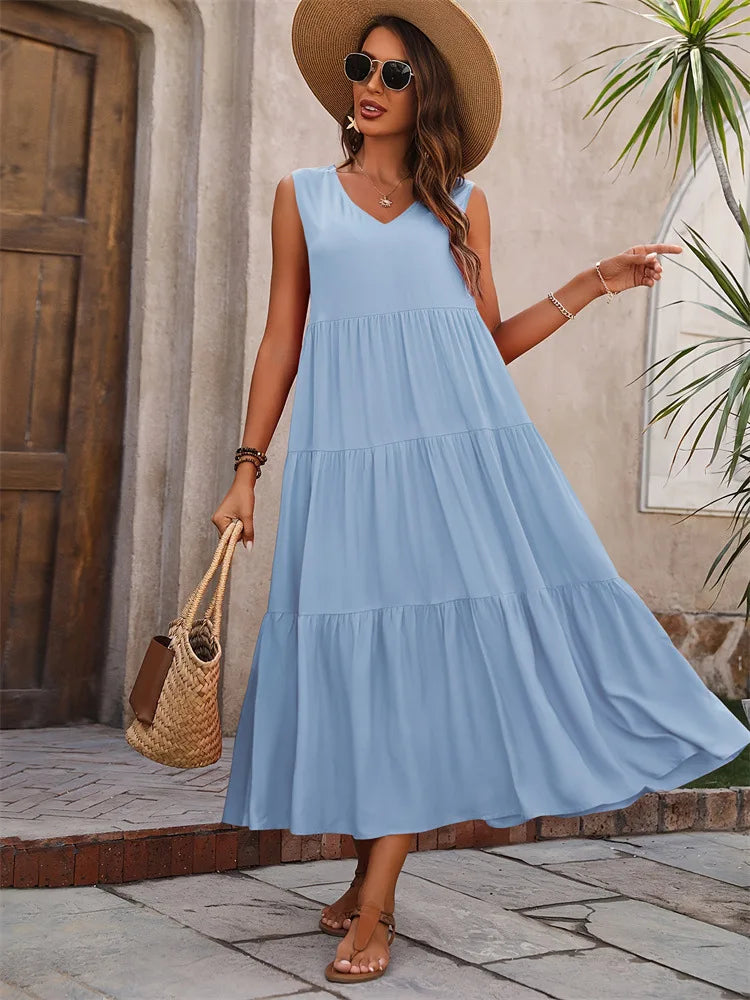 Lova & Soul | Amélie – Mouwloze Maxi Zomerjurk met V-Hals