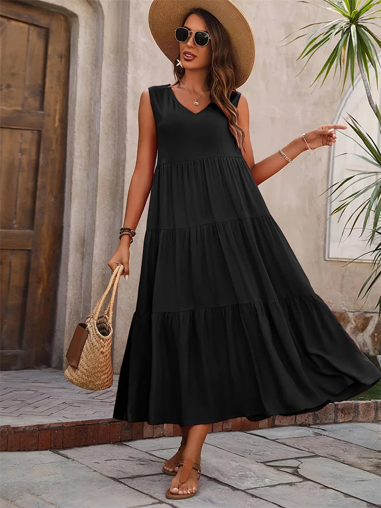 Lova & Soul | Amélie – Mouwloze Maxi Zomerjurk met V-Hals