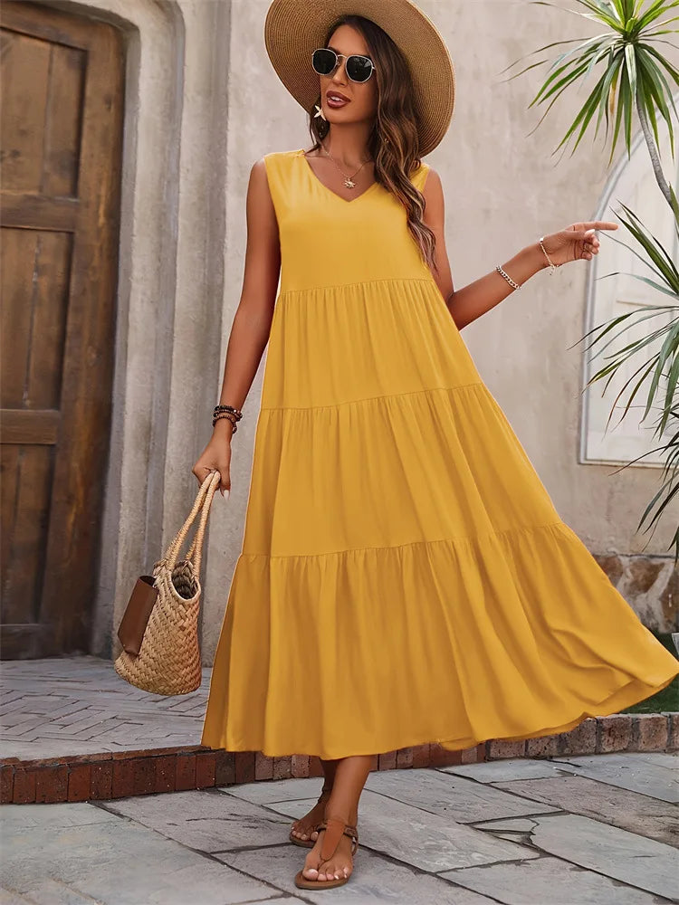 Lova & Soul | Amélie – Mouwloze Maxi Zomerjurk met V-Hals
